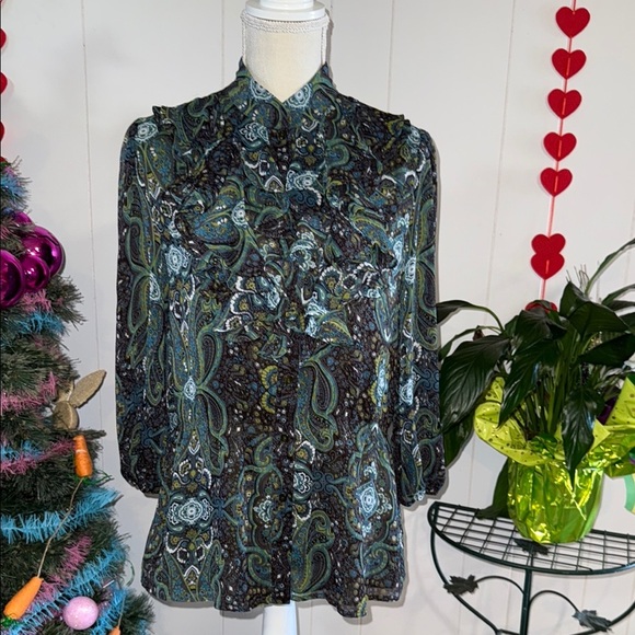 Paisley Print Women's Top - Green and Black - Picture 1 of 7